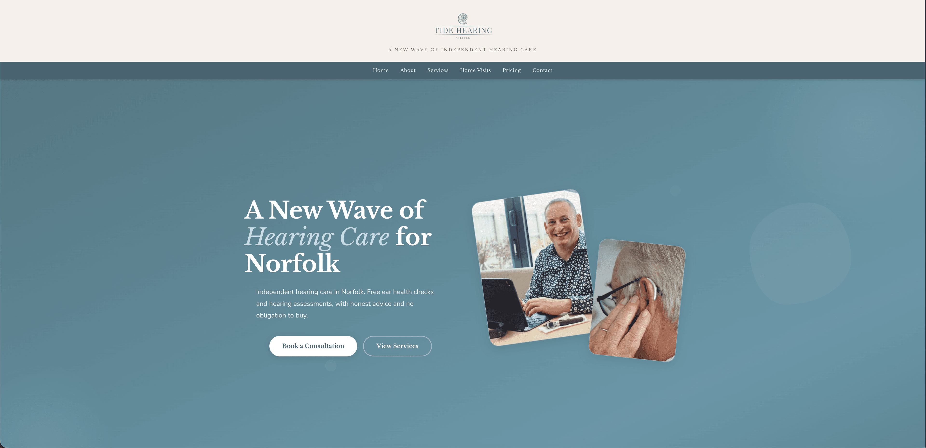 Tide Hearing homepage showing warm, modern design.